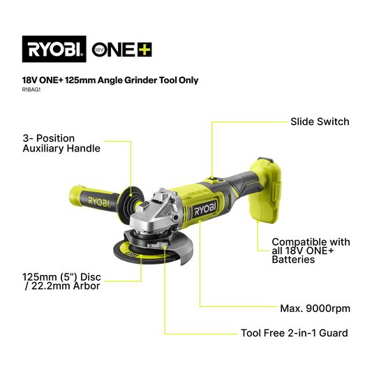 Ryobi Angle Grinder 18V ONE+ 125mm 9000rpm Tool Only