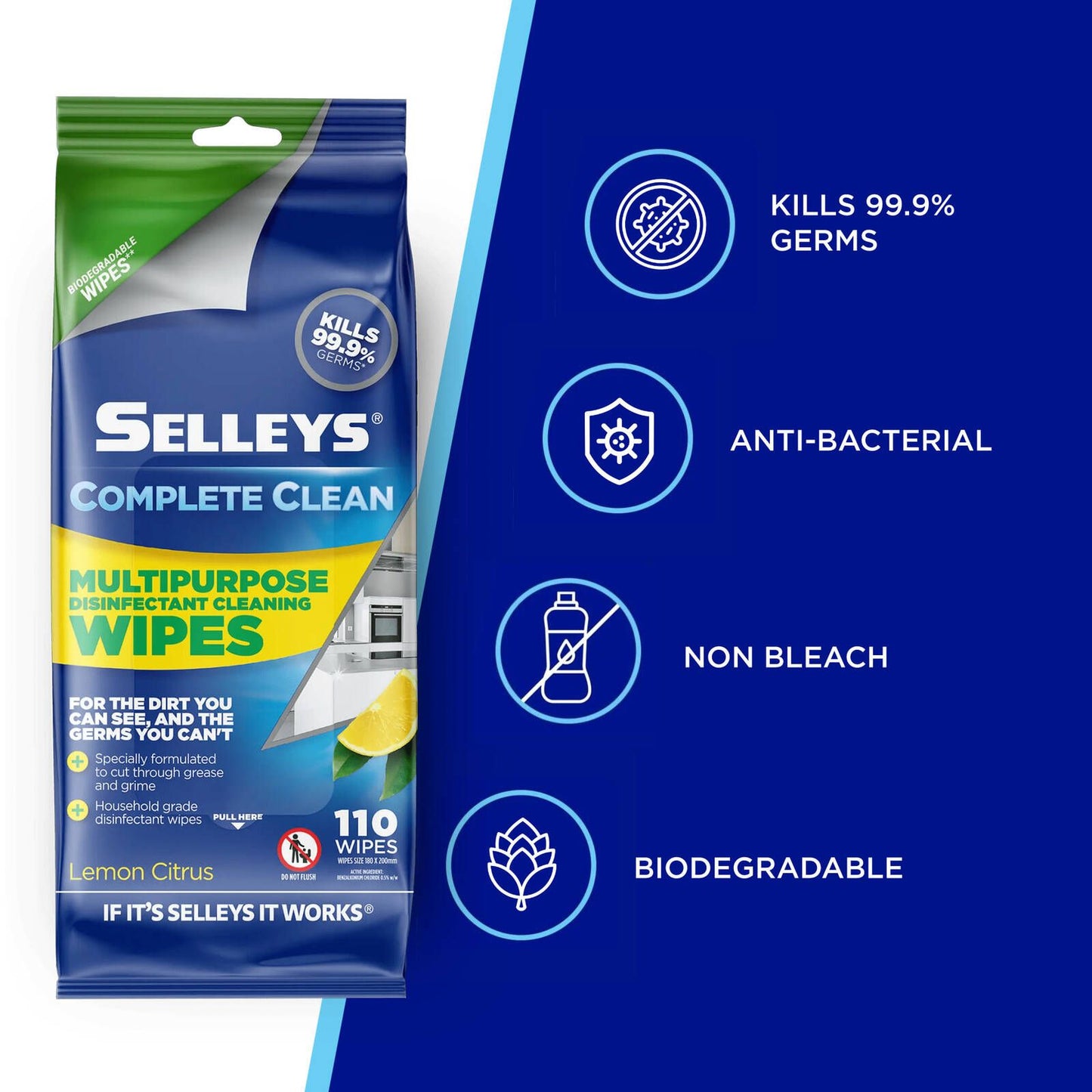 Selleys Complete Clean Biodegradable Disinfectant Wipes - 110 Pack