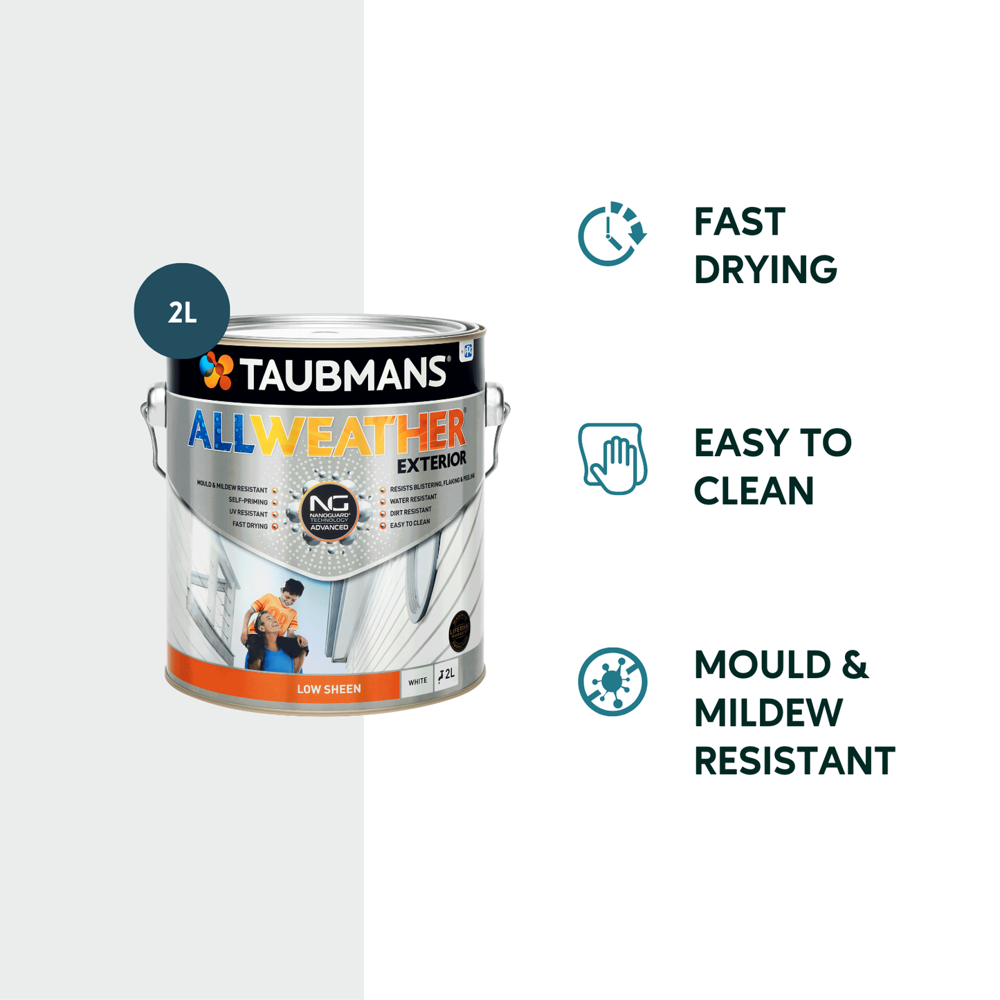 Taubmans All Weather Exterior Paint - 2L - White - Low Sheen
