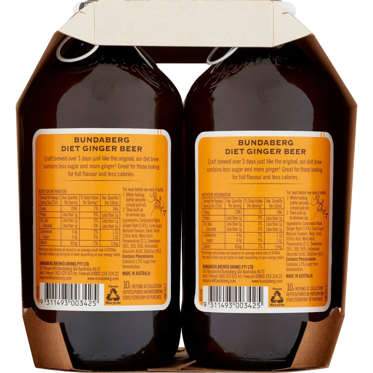 Bundaberg Diet Ginger Beer 375ml X 4 Pack