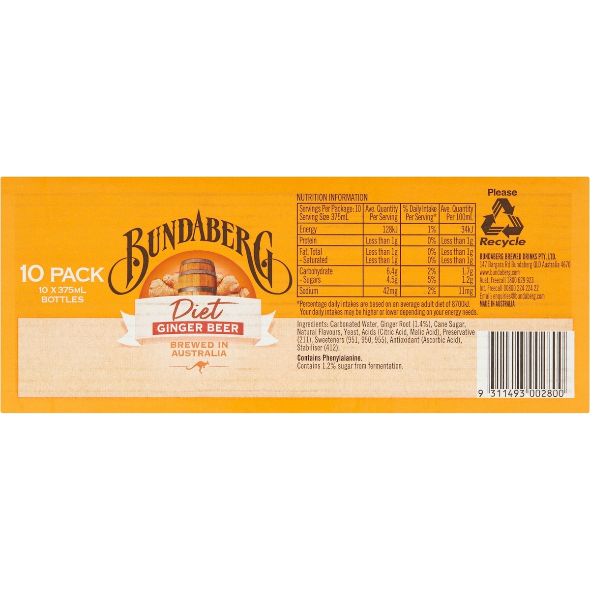 Bundaberg Diet Ginger Beer 375ml X 10 Pack