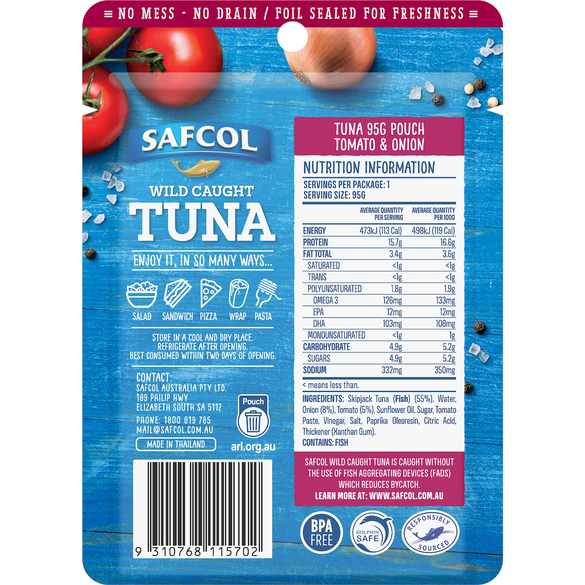 Safcol Wild Caught Tuna Tomato & Onion 95g