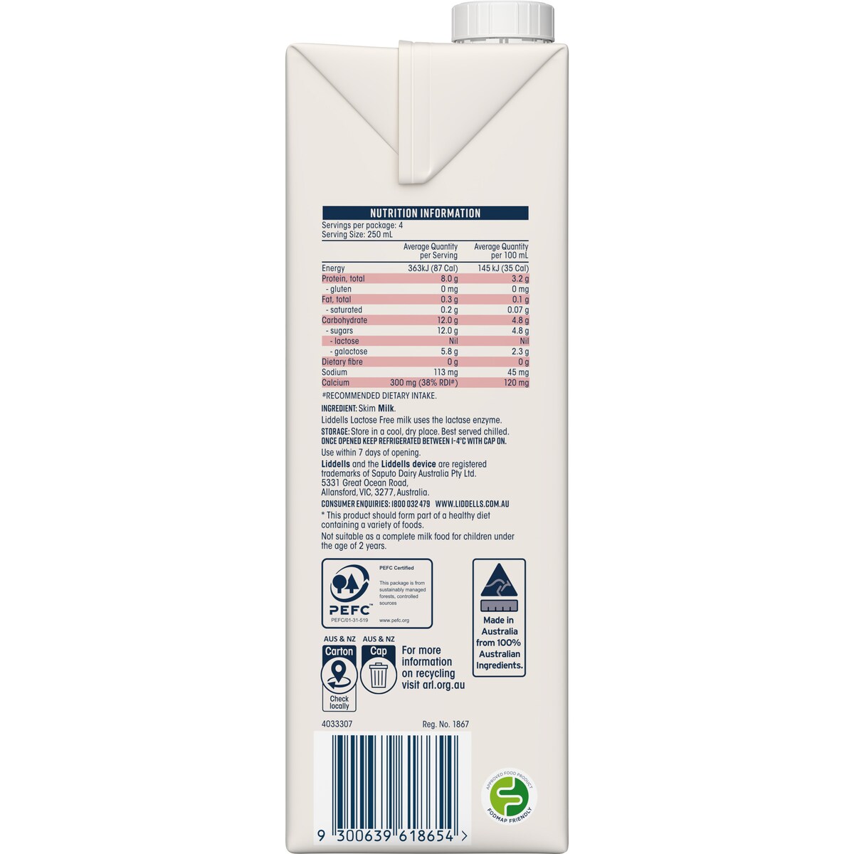 Liddells Lactose Free Skim Long Life Uht Milk 1l