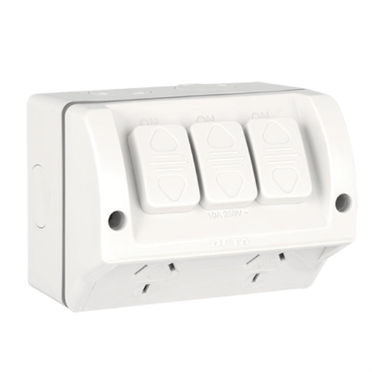 Deta Outdoor Double Outlet Powerpoint With Extra Switch - 240V - 10 Amp