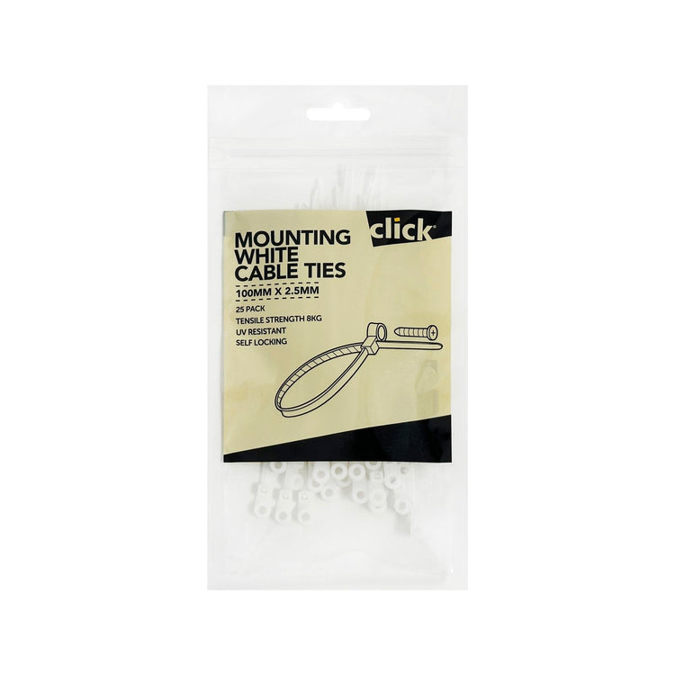 Click Mounting White Cable Tie 100mm -25 Pack