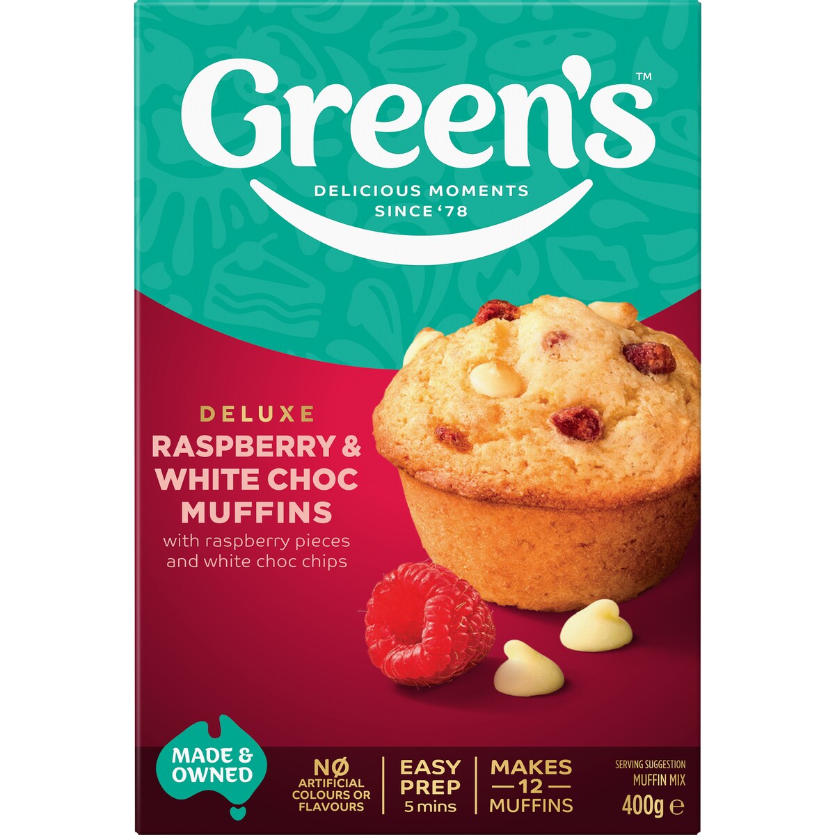 Green's White Chocolate & Raspberry Muffin Mix 400g