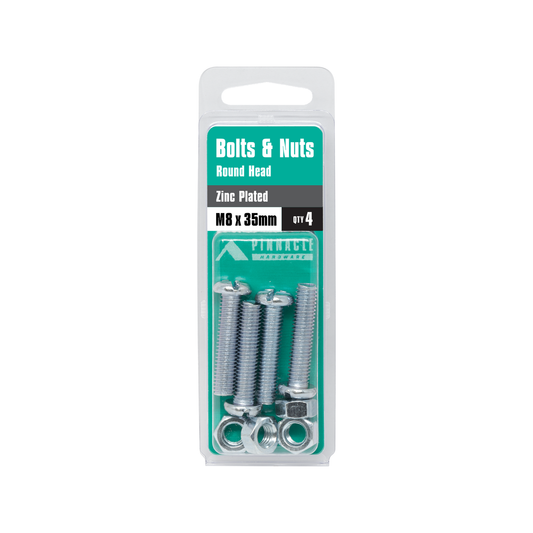 Pinnacle Zinc Plated Round Head Bolts & Nuts M8 x 35mm 4 Pack