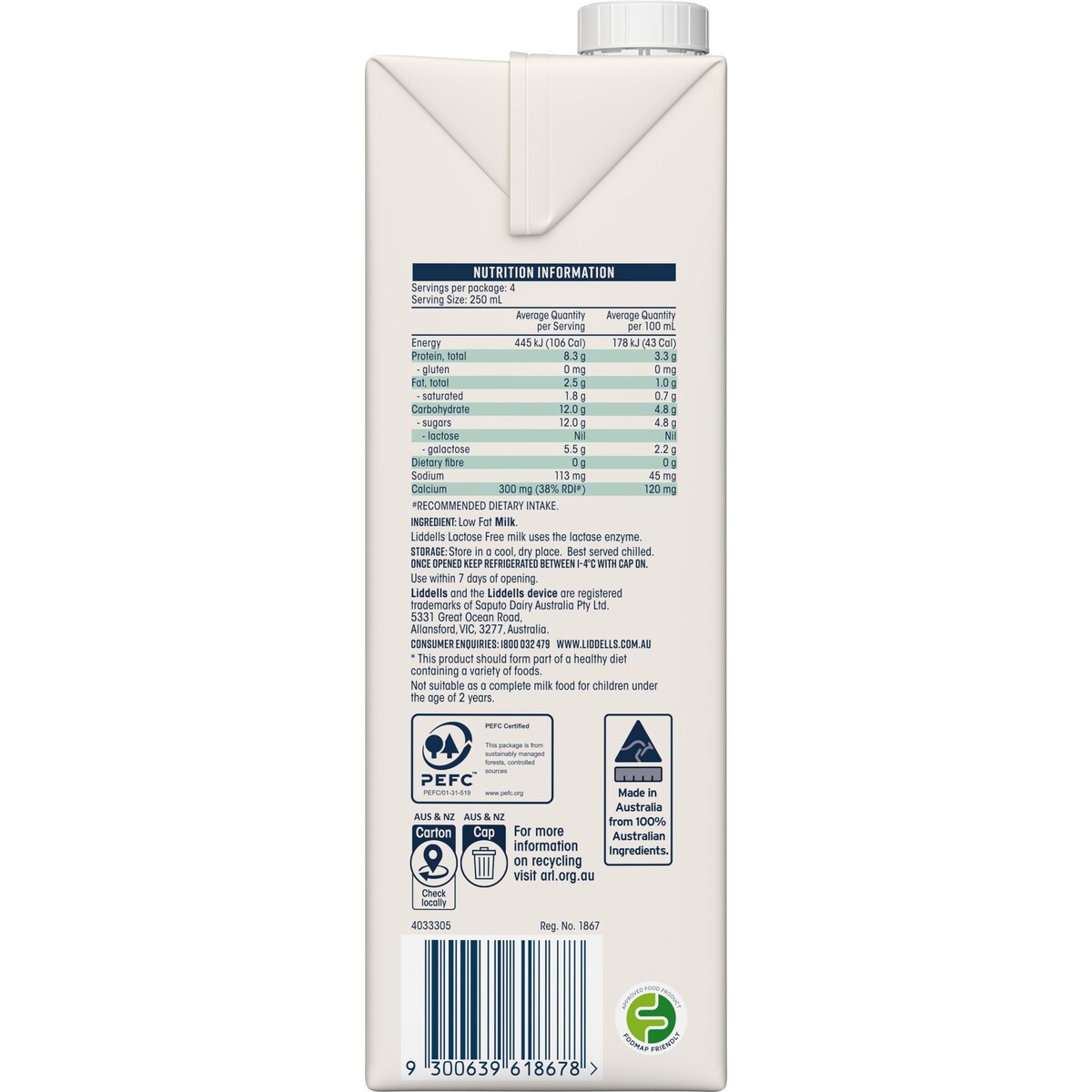 Liddells Lactose Free Low Fat Long Life Uht Milk 1l