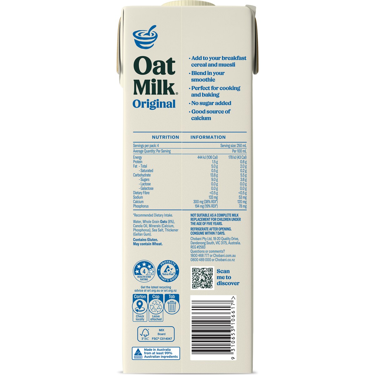 Chobani Long Life Oat Milk Original 1l