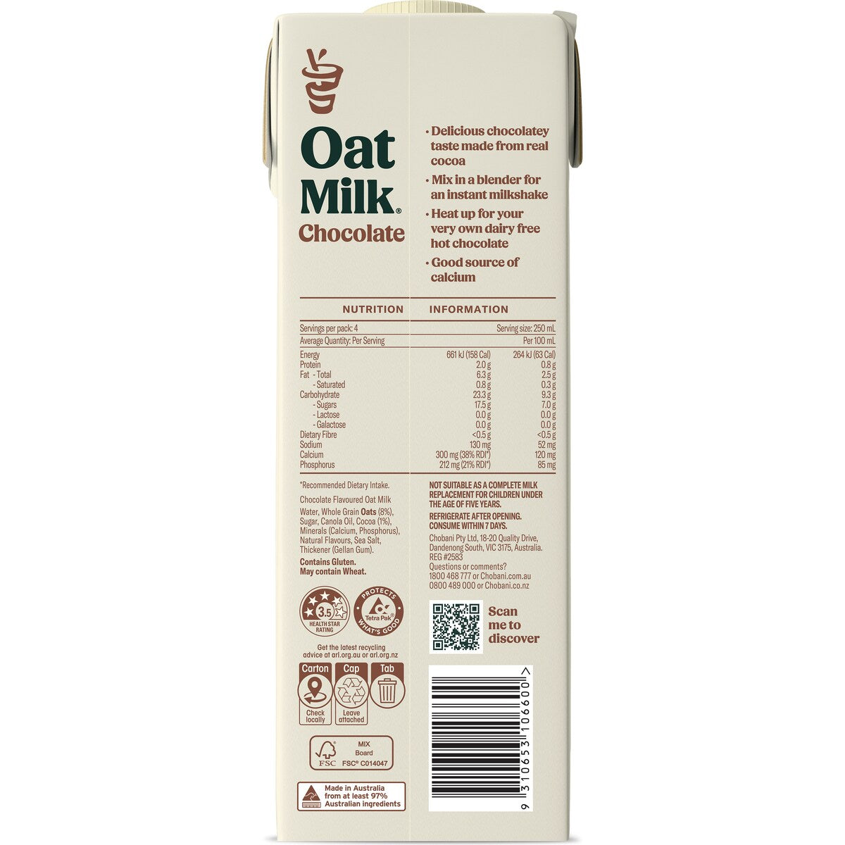 Chobani Long Life Oat Milk Chocolate 1l