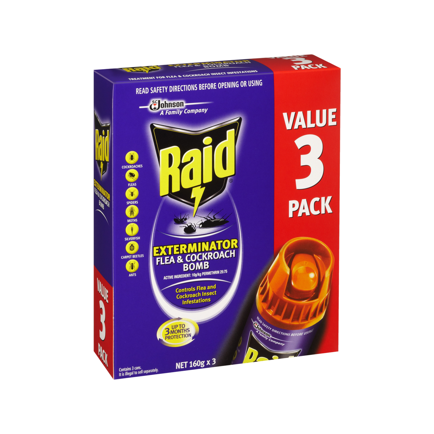 Raid Exterminator Flea and Cockroach Bomb - 160g x 3 Pack