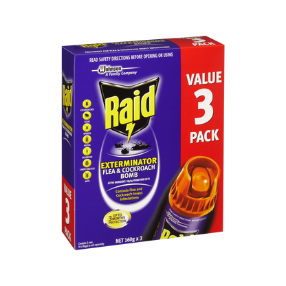 Raid Exterminator Flea and Cockroach Bomb - 160g x 3 Pack