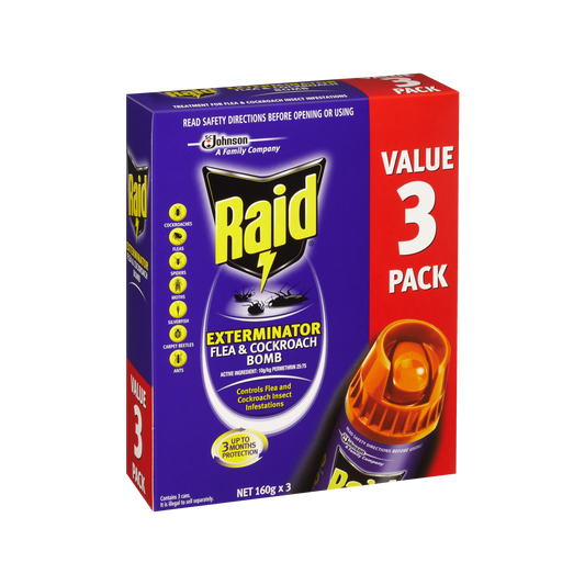 Raid Exterminator Flea and Cockroach Bomb - 160g x 3 Pack