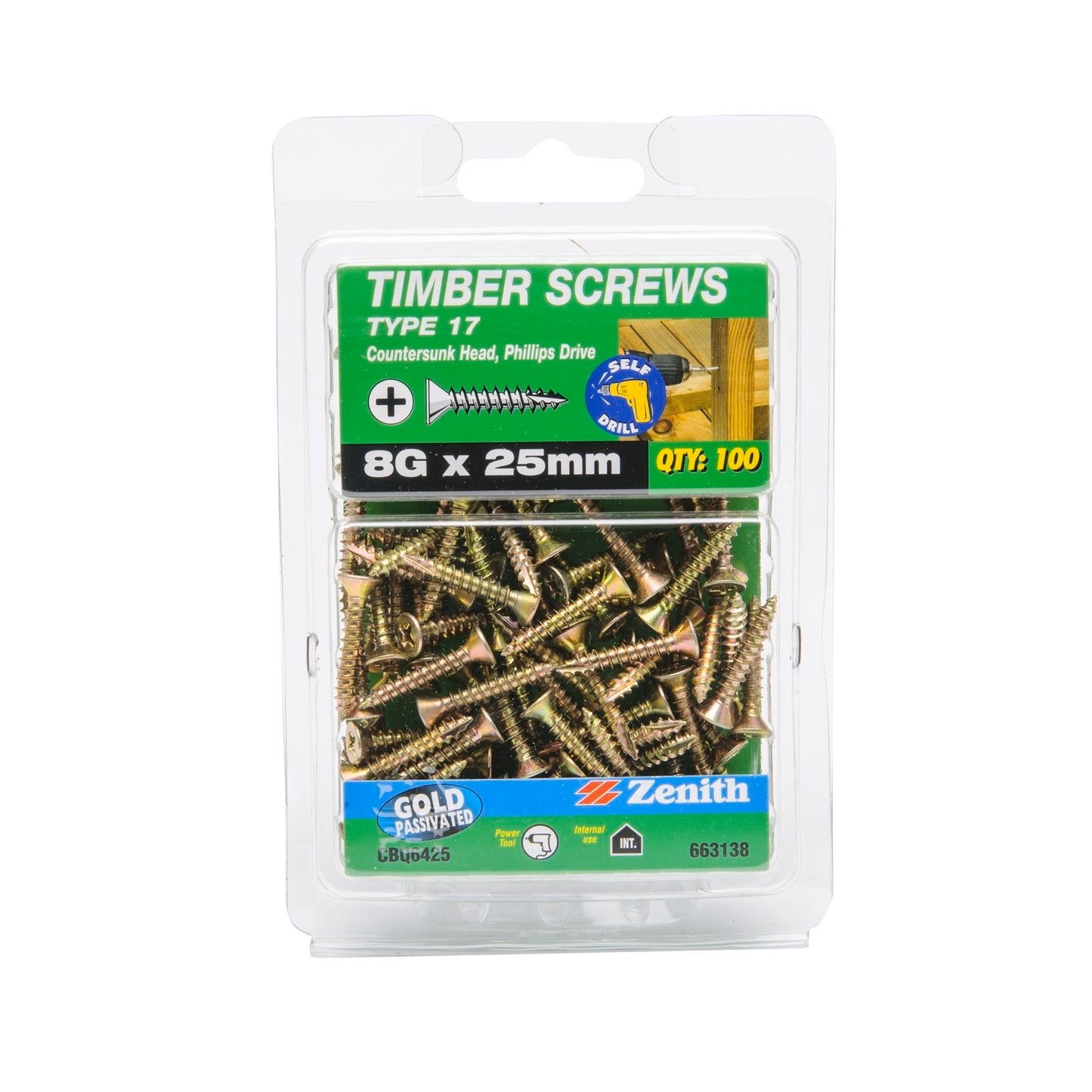 Zenith Type 17 Timber Screws - 8g x 25mm - Gold - 100 Pack
