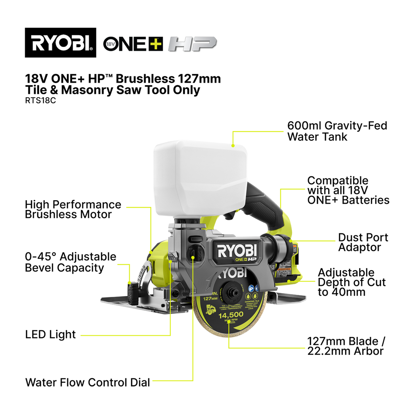 Ryobi HP Brushless Tile and Masonry Saw - 127mm - 18V ONE+