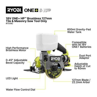 Ryobi HP Brushless Tile and Masonry Saw - 127mm - 18V ONE+