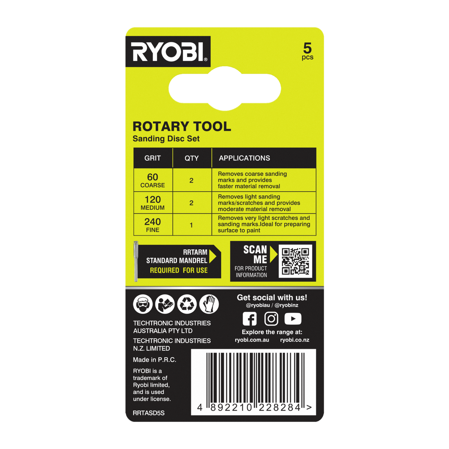 Ryobi Sanding Disc Set - 32mm - 60/120/240 Grit - 5 Piece