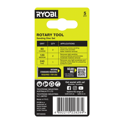 Ryobi Sanding Disc Set - 32mm - 60/120/240 Grit - 5 Piece