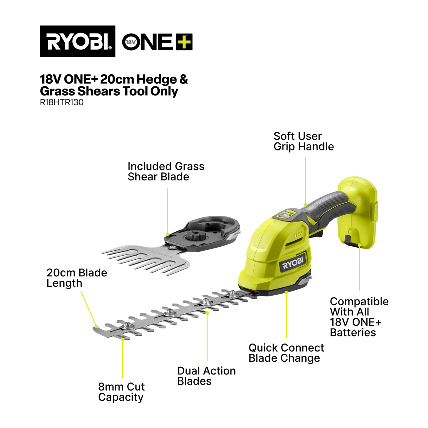 Ryobi 18V ONE+ 200mm Hedge Grass Shears Skin - R18HTR130