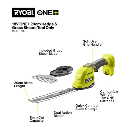 Ryobi 18V ONE+ 200mm Hedge Grass Shears Skin - R18HTR130