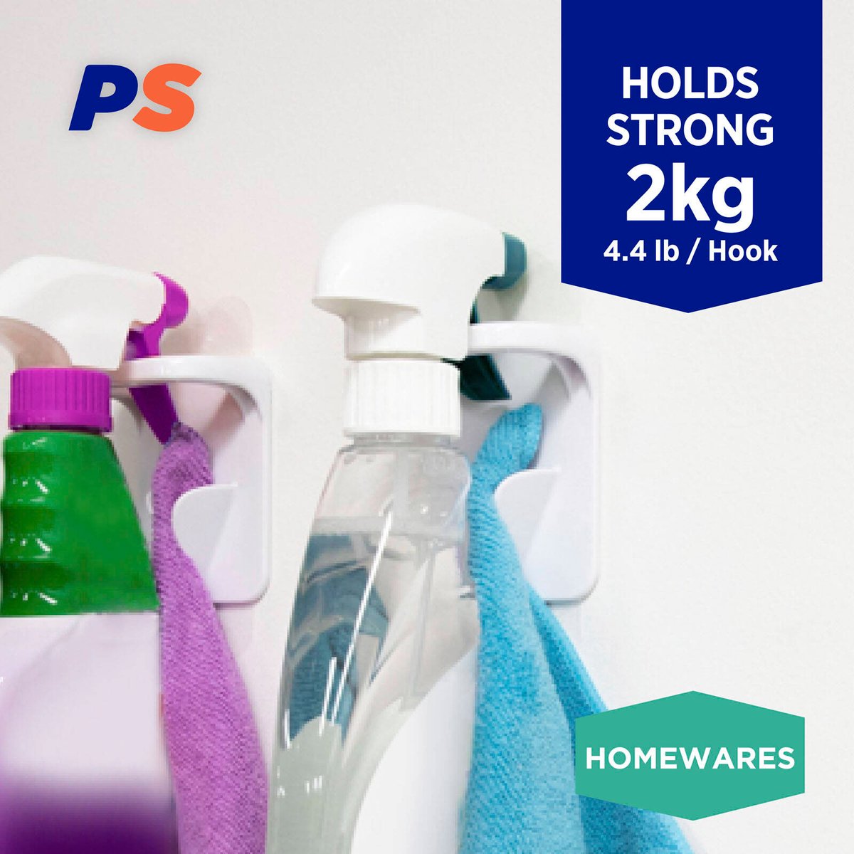 Permastik Spray Wipe Hooks 2 Pack - Self-Adhesive - 60mm x 40mm x 85mm - White