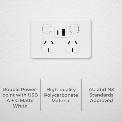 Deta Double Power Point x6 - 250mm - White - USB A+C PD20W