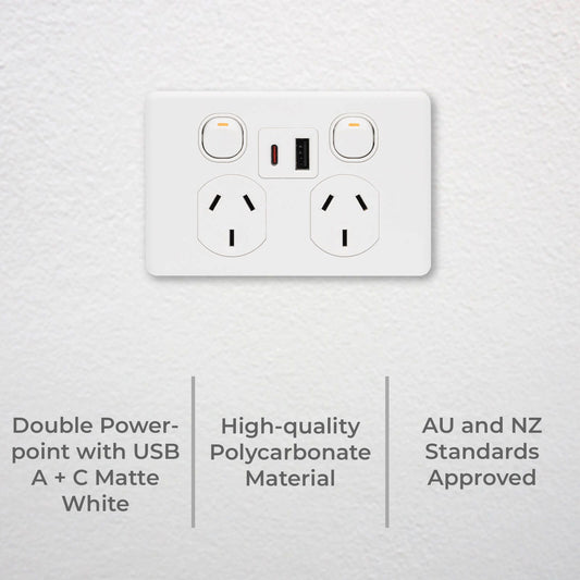 Deta Double Power Point x6 - 250mm - White - USB A+C PD20W
