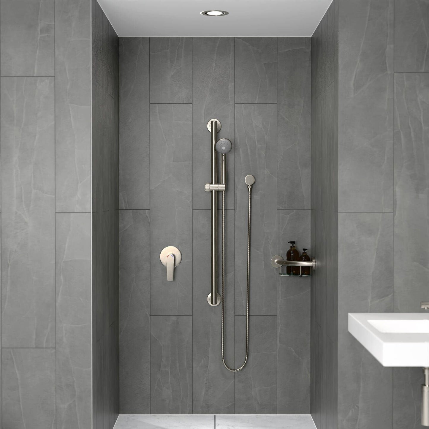 Evekare Grab Rail & 3 Function Shower - 32 x 900mm - Brushed Nickel