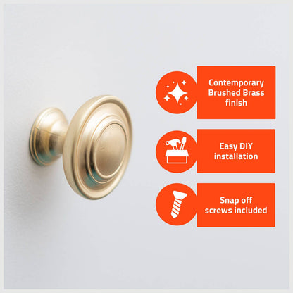 Taskmaster Round Cabinet Knob - 34mm - Brushed Brass - 4 Pack