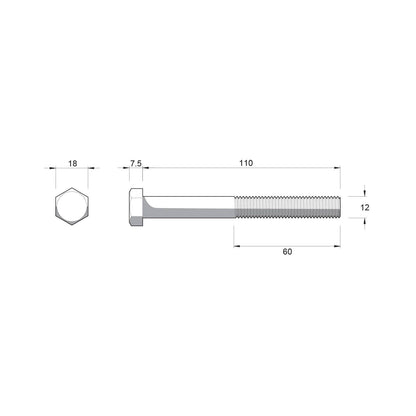 Zenith Hot Dip Galvanised Hex Head Bolts - M12 x 110mm - 12 Pack