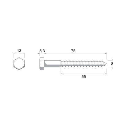 Zenith Hot Dip Galvanised Hex Head Coach Screws - M8 x 75mm - 25 Pack