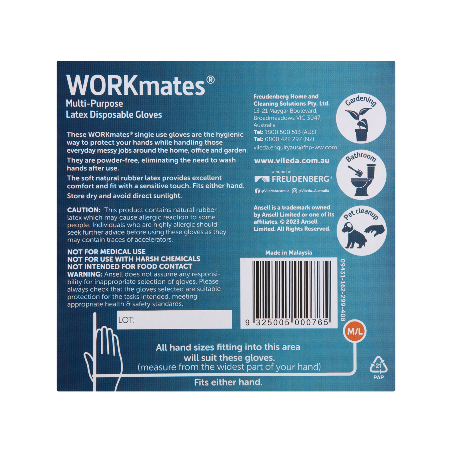 Vileda Ansell Workmates Latex Disposable Gloves Medium Large - 36 Pack