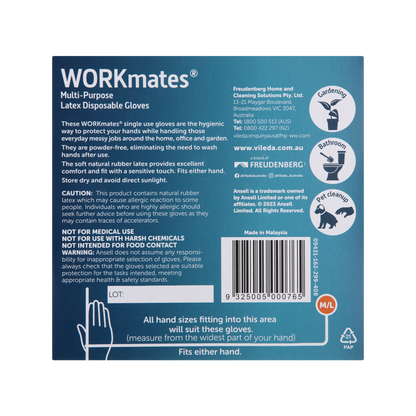 Vileda Ansell Workmates Latex Disposable Gloves Medium Large - 36 Pack