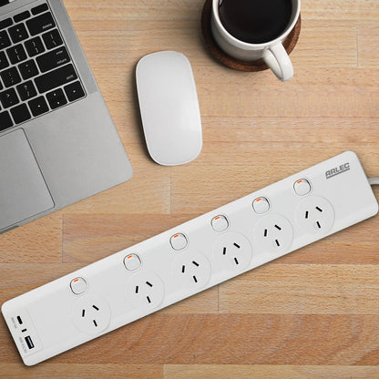 Arlec Surge Protected Powerboard - 6 Outlet - 1.8m - White