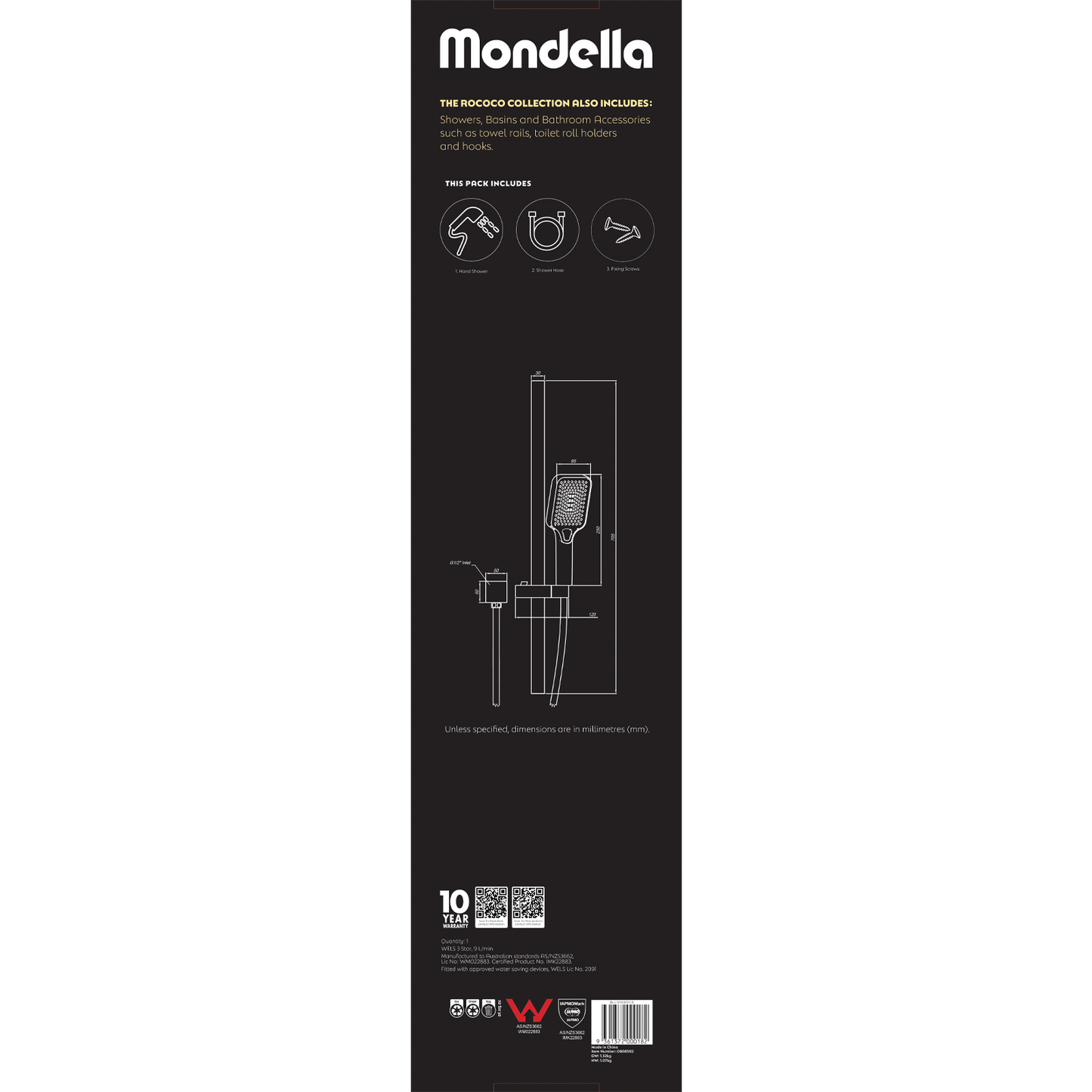 Mondella Wels Multifunction Rail Shower - 1180mm - Black Matte - 9L/min