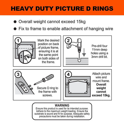 Everhang Heavy Duty Picture Hanging D Ring 15kg Zinc Plated 4 Pack
