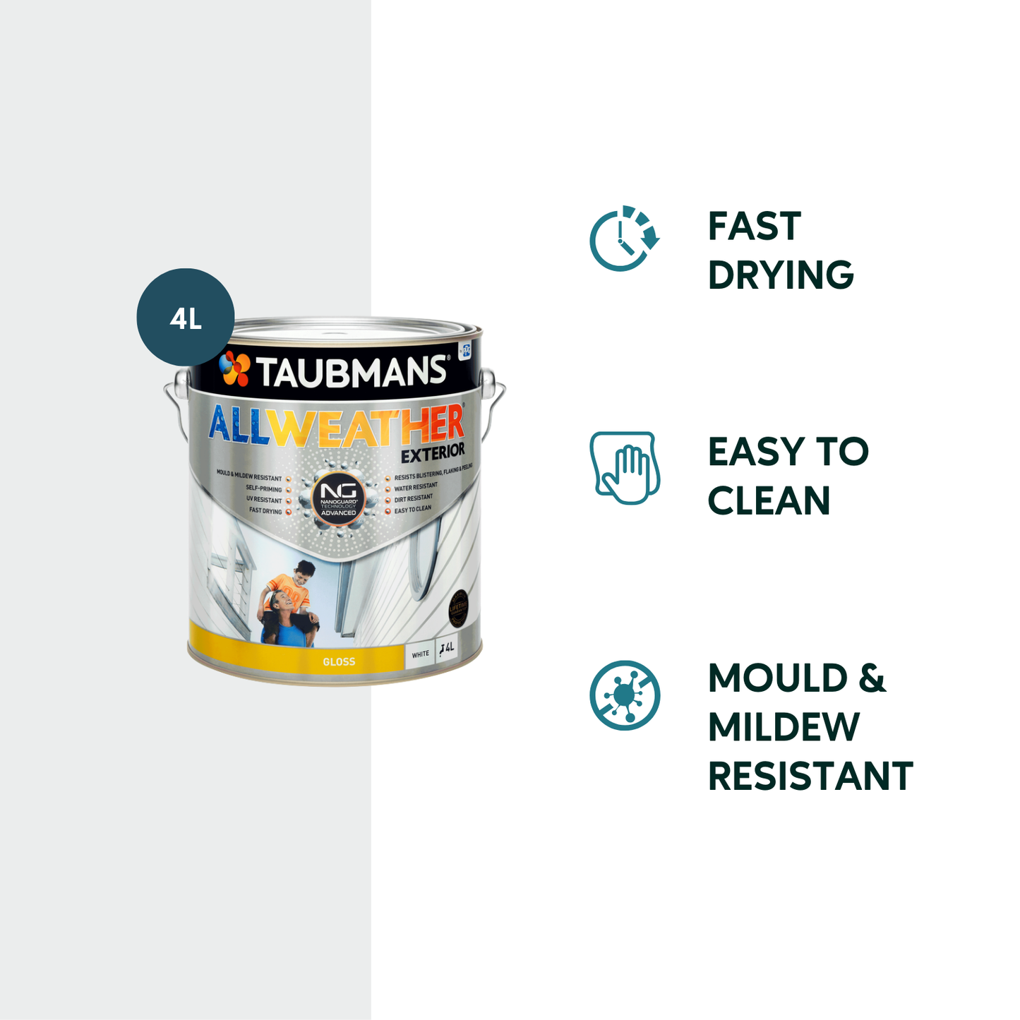Taubmans All Weather Exterior Paint - 4L - White - Gloss
