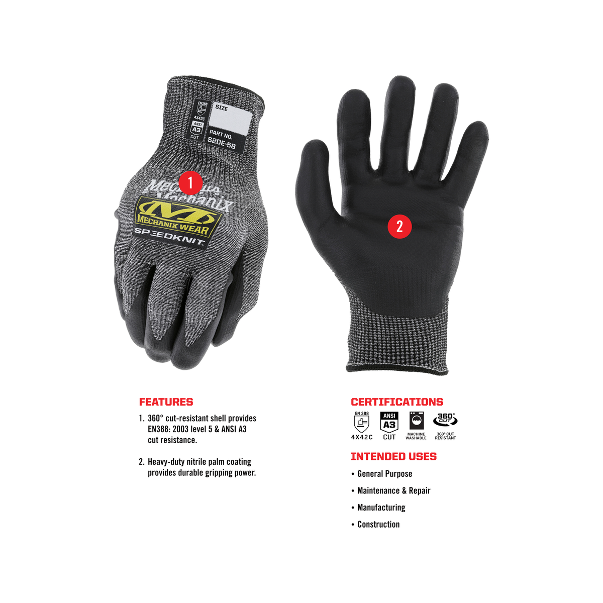 Mechanix Wear Small Speedknit CR5 Gloves - Cut Resistant - Black & Grey - 1 Pair