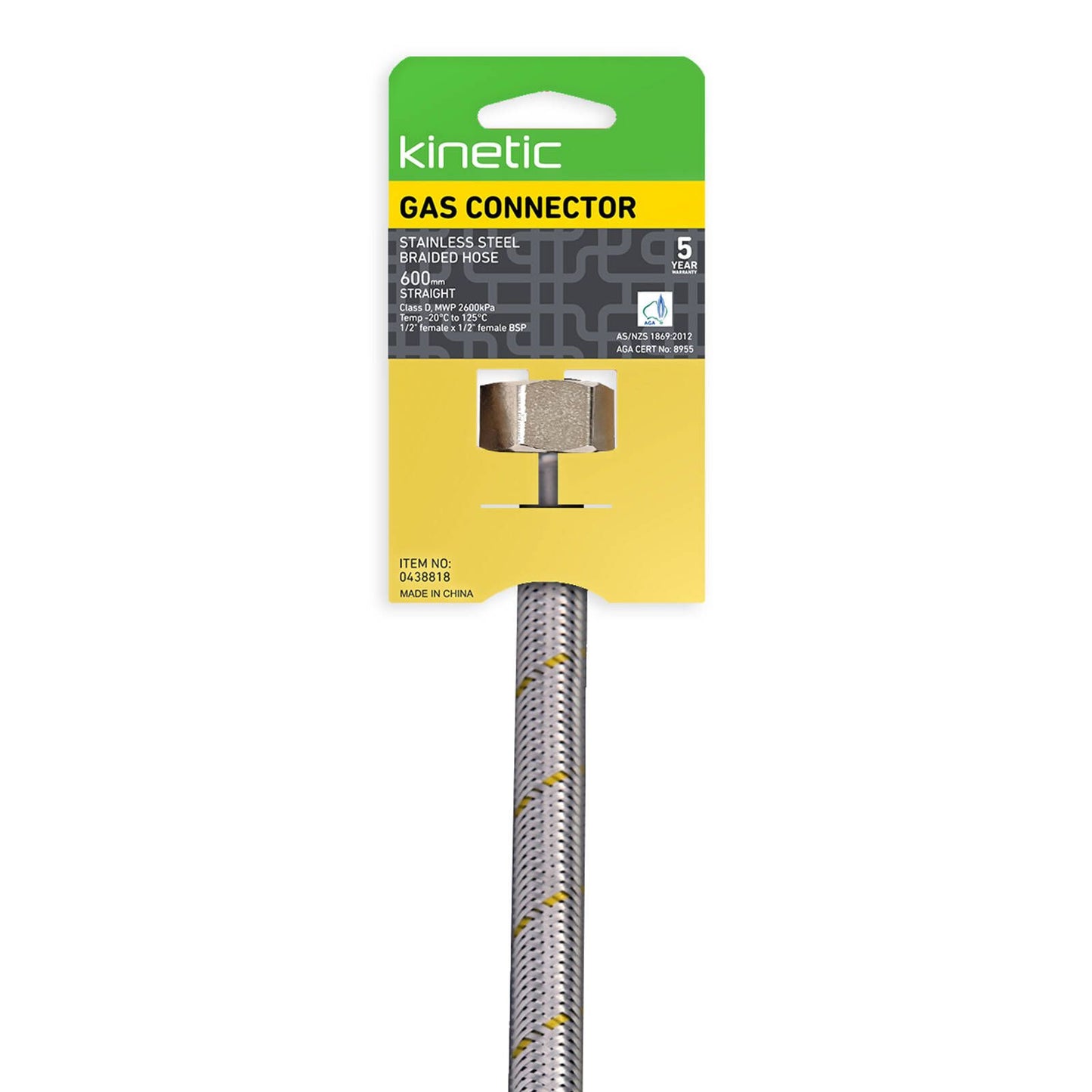 Kinetic 600mm Stainless Steel Flexible Braided Gas Connector