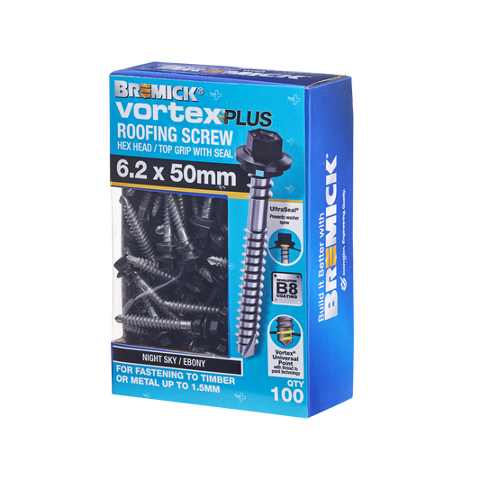 Bremick Vortex Plus Roofing Screw - 6.2 x 50mm - Hex - 100 Pack