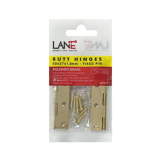 Lane 50 x 27 x 1.3mm Brass Fixed Pin Butt Hinge - 2 Pack
