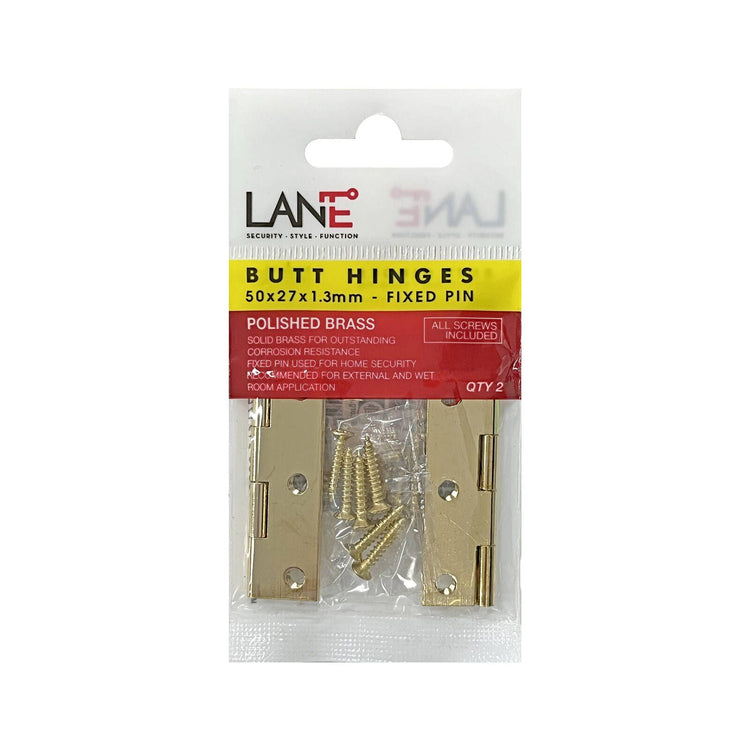 Lane 50 x 27 x 1.3mm Brass Fixed Pin Butt Hinge 2 Pack