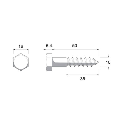 Zenith Hot Dip Galvanised Hex Head Coach Screws - M10 x 50mm - 25 Pack