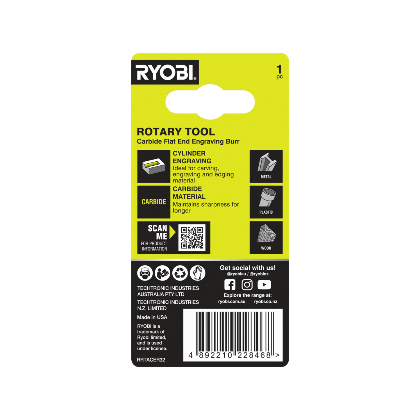 Ryobi Rotary Rectangle Carbide Burr - 3.2mm