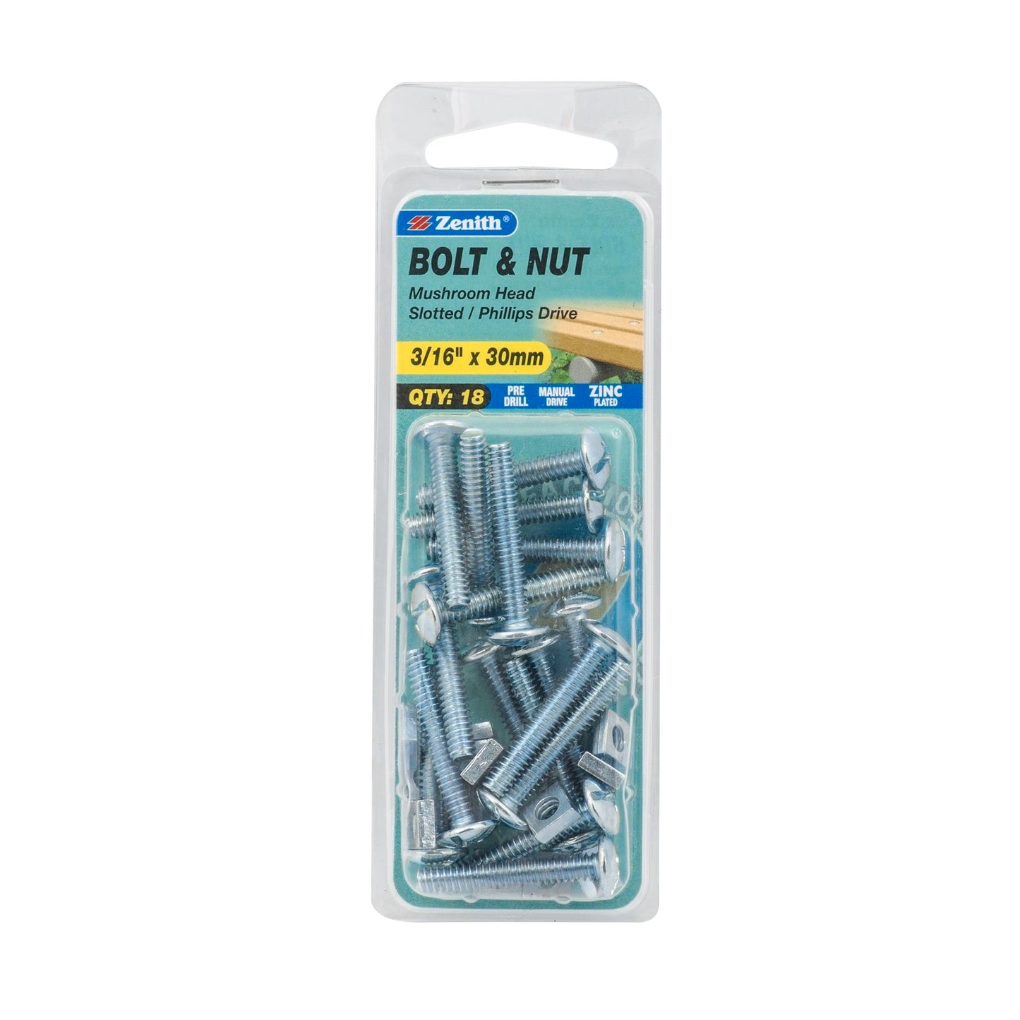 Zenith Mushroom Head Bolt & Nut - 3/16 x 30mm - 18 Pack