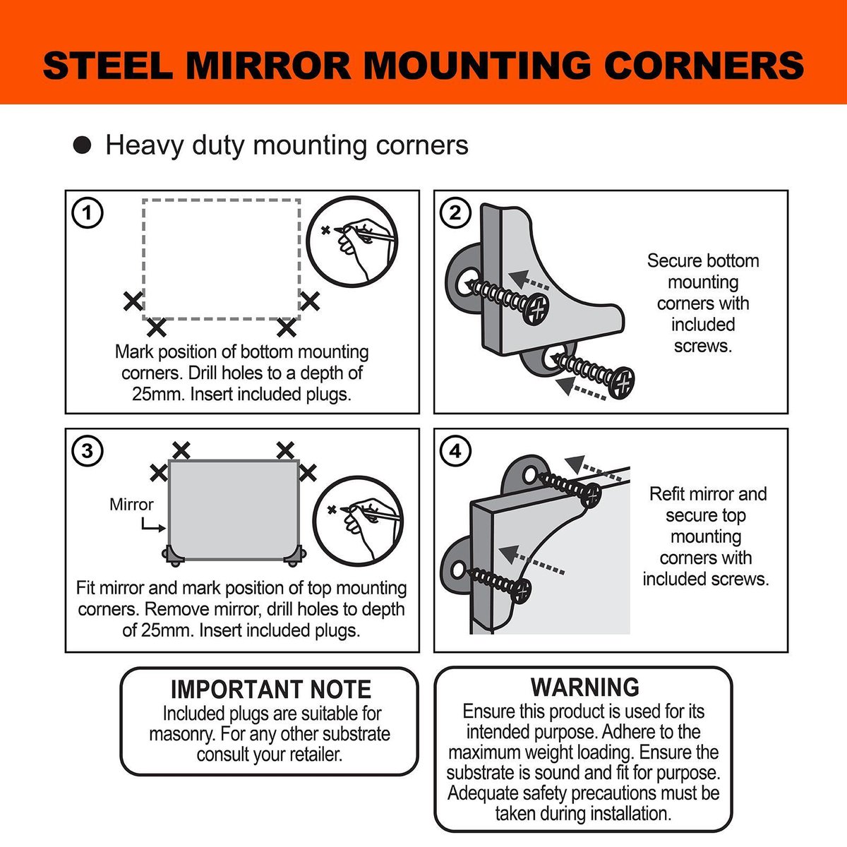 Everhang Mirror Mounting Corner Set 11kg Steel Secure Hold
