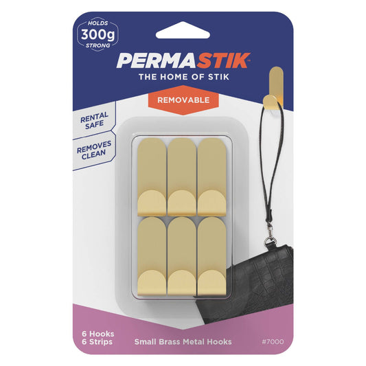 Permastik Small Brass Metal Hooks Holds 300g 6 Pack
