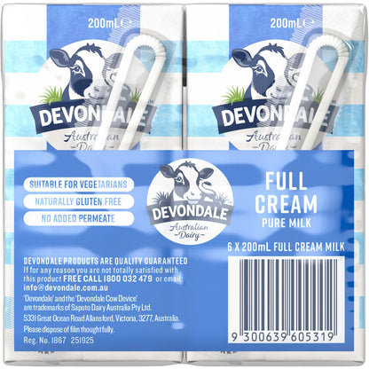 Devondale 100% Pure Full Cream Milk Long Life Uht Milk 200ml X 6 Pack