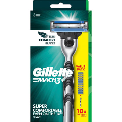 Gillette Mach 3+ Razor Handle With 10 Blade Cartridges Value Pack Each