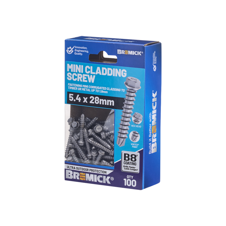 Bremick Mini Cladding Screw 5 4 x 28mm Hex B8 Box 100
